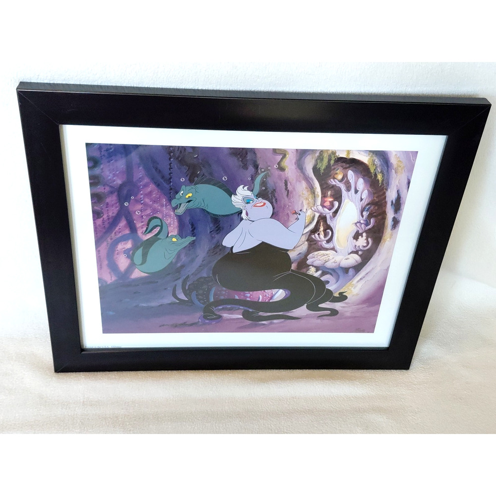 Vintage Disney The Little Mermaid Framed Artwork 15" x 12" Ursula/Flotsam/Jetsam